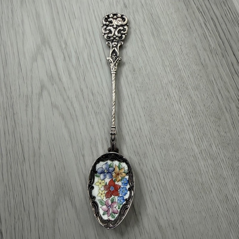 Klepa Arts Czechoslovakia Enamel Floral Spoon Vintage Silver Plate